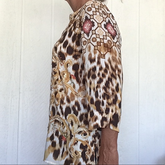 CHICOS SCROLL PATTERNED GOLD EMBELLISHED SILKY TUNIC SMALL - Picture 5 of 16